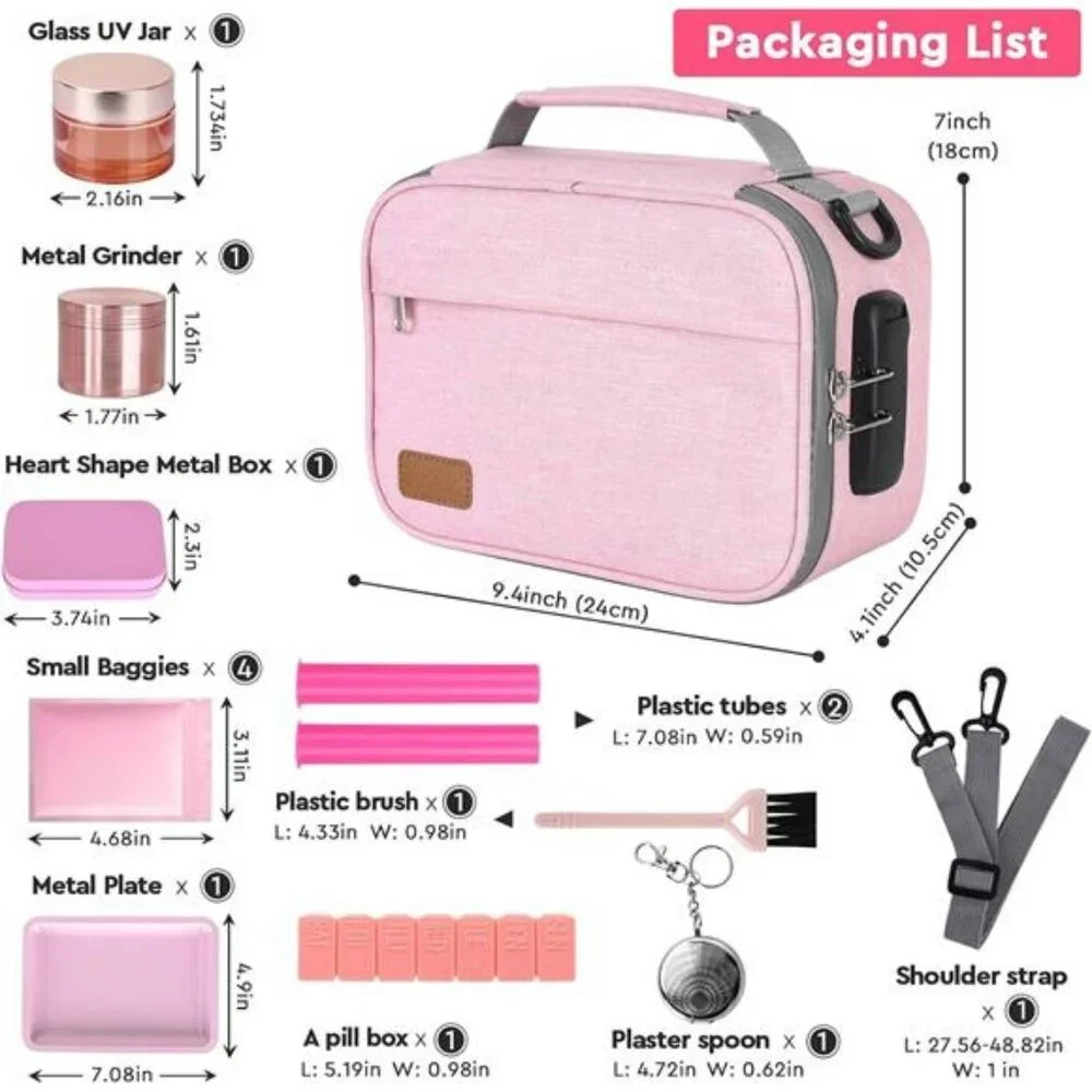 Pink lockable storage case with smell proof bag organizer set travel safe box